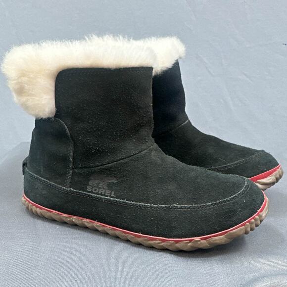 Sorel Out N About Bootie 7 Black Sherpa Faux Fur Outdoorsy Leather Suede Winter - Picture 3 of 14